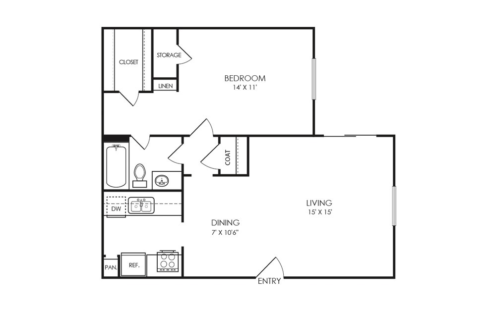 A1-1 - 1 bedroom floorplan layout with 1 bath and 687 square feet.