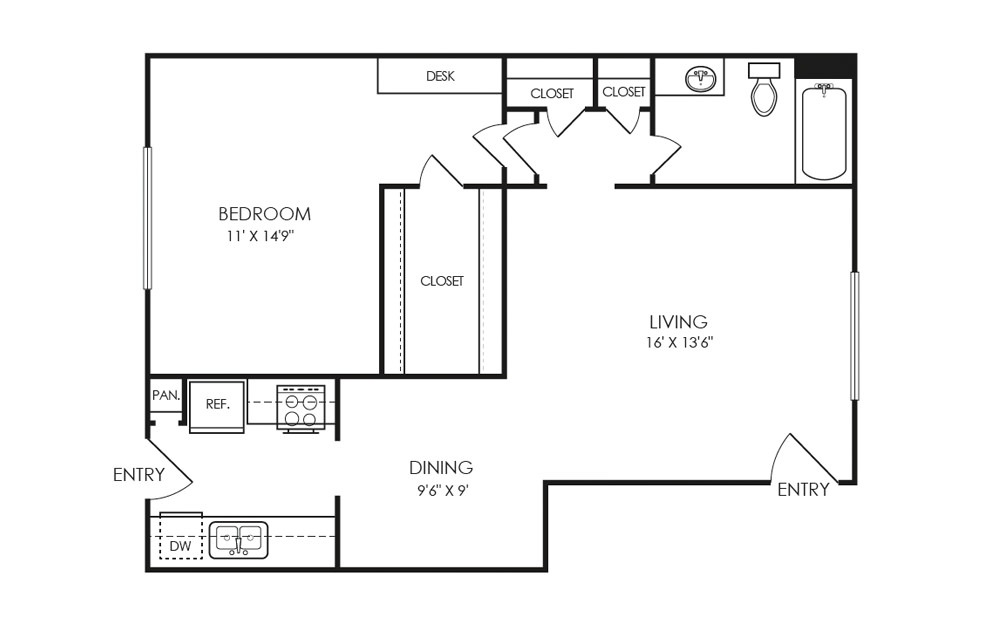B1-1 - 1 bedroom floorplan layout with 1 bath and 708 square feet.