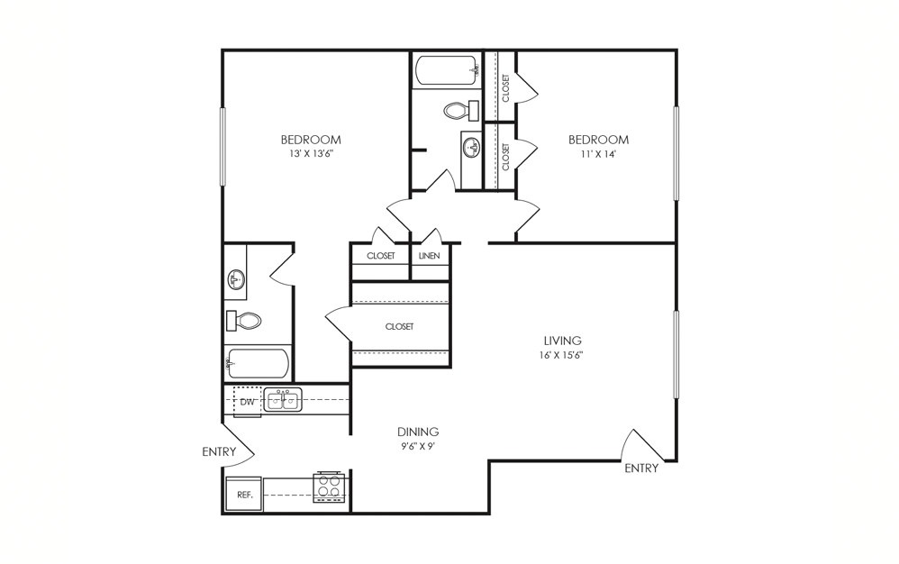 D2-2 - 2 bedroom floorplan layout with 2 baths and 1000 square feet.